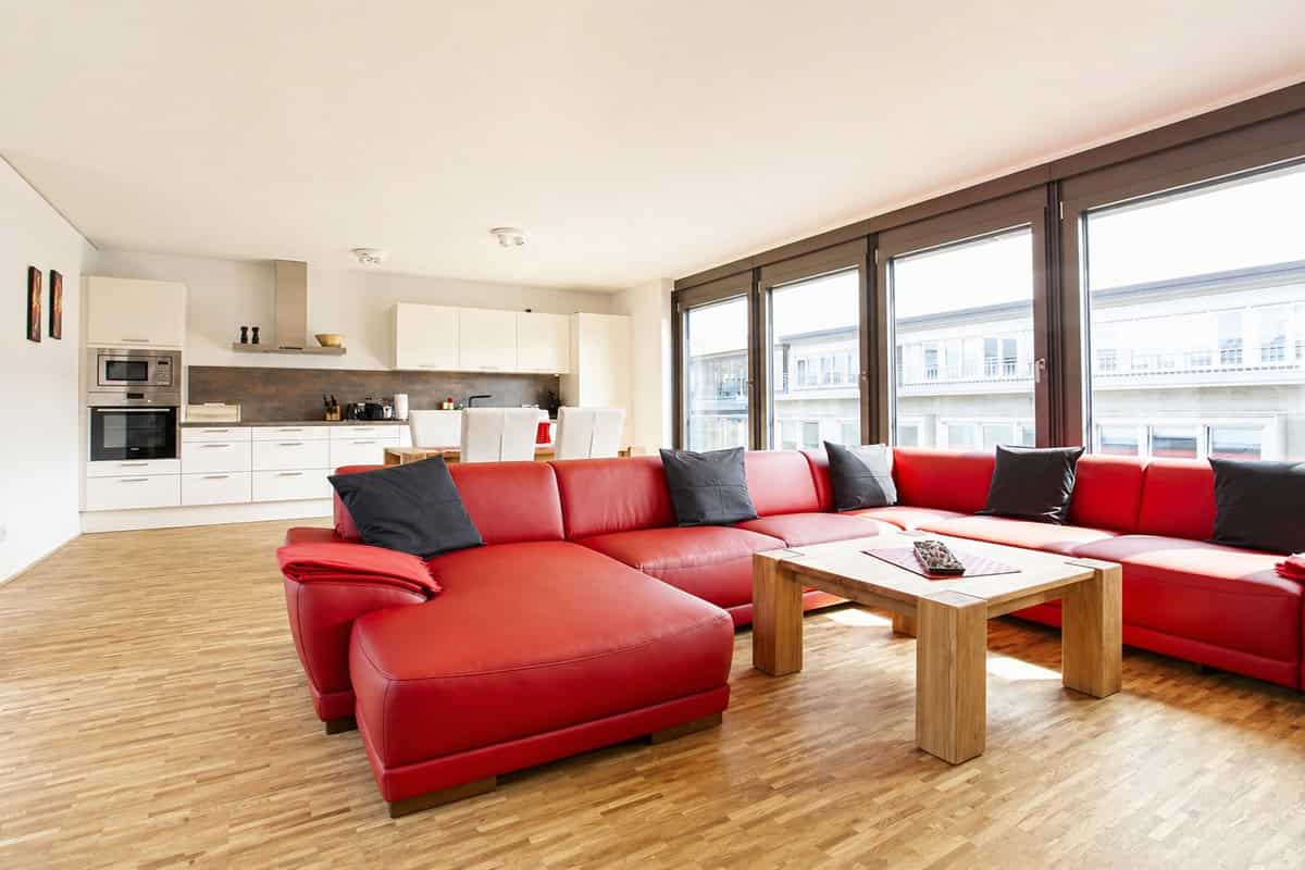A furnished living room with a red sofa and dining area